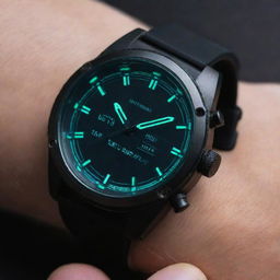 A cyberpunk style wristwatch. Imagine cutting-edge technology on display: a sleek, holographic time display, vibrant neon accents, nestled in a high-tech metallic case. The band is composed of dark synthetic material with neon detailing.