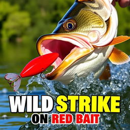 A dynamic close-up of a large bass fish dynamically attacking a vibrant red artificial fish lure, splashing water around it as it strikes