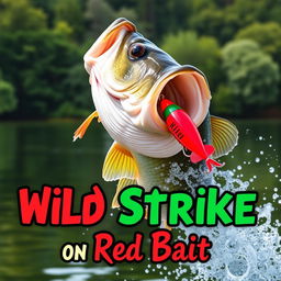 A dynamic close-up of a large bass fish dynamically attacking a vibrant red artificial fish lure, splashing water around it as it strikes