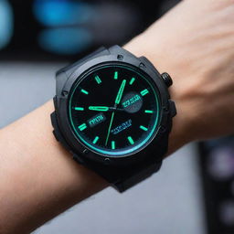 A cyberpunk style wristwatch. Imagine cutting-edge technology on display: a sleek, holographic time display, vibrant neon accents, nestled in a high-tech metallic case. The band is composed of dark synthetic material with neon detailing.