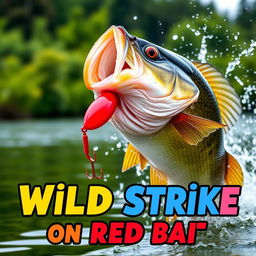 A dynamic close-up of a large bass fish dynamically attacking a vibrant red artificial fish lure, splashing water around it as it strikes