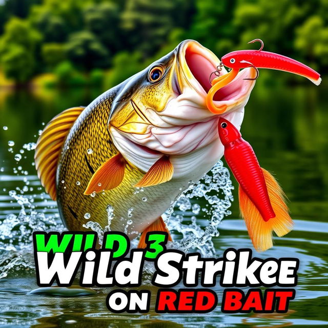 A dynamic close-up of a large bass fish dynamically attacking a vibrant red artificial fish lure, splashing water around it as it strikes