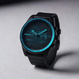 A cyberpunk style wristwatch. Imagine cutting-edge technology on display: a sleek, holographic time display, vibrant neon accents, nestled in a high-tech metallic case. The band is composed of dark synthetic material with neon detailing.