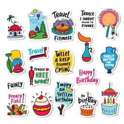 A collection of 15 individual stickers designed for social media stories, featuring various themes such as travel, food, fitness, motivational quotes, and birthday celebrations