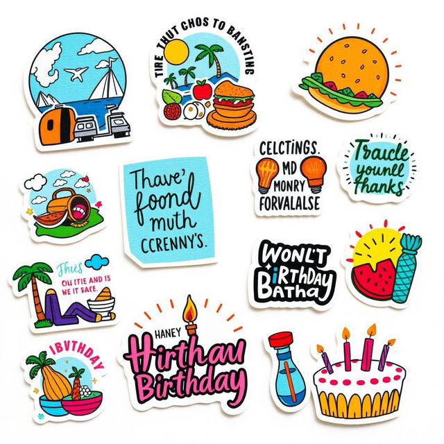 A collection of 15 individual stickers designed for social media stories, featuring various themes such as travel, food, fitness, motivational quotes, and birthday celebrations