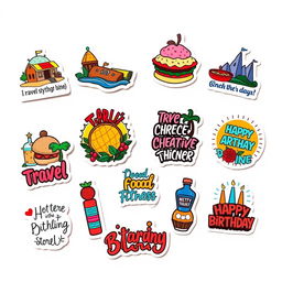 A collection of 15 individual stickers designed for social media stories, featuring various themes such as travel, food, fitness, motivational quotes, and birthday celebrations