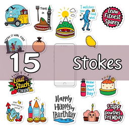 A collection of 15 individual stickers designed for social media stories, featuring various themes such as travel, food, fitness, motivational quotes, and birthday celebrations