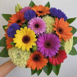 A stunning bouquet of fresh, multicolored flowers, brimming with vitality and contrasting textures, positioned elegantly.