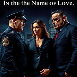 A dramatic face-off scene featuring a stern police officer and a confident Mafia Don, both standing on opposite sides of a powerful company CEO woman who is caught between them