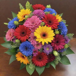 A stunning bouquet of fresh, multicolored flowers, brimming with vitality and contrasting textures, positioned elegantly.