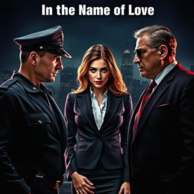 A dramatic face-off scene featuring a stern police officer and a confident Mafia Don, both standing on opposite sides of a powerful company CEO woman who is caught between them