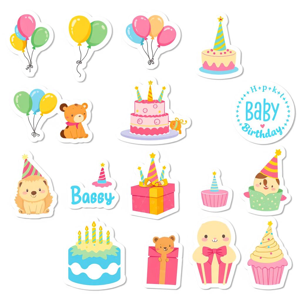 A collection of 15 individual stickers designed for a baby's birthday theme, each featuring bright and cheerful designs