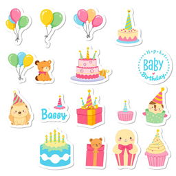 A collection of 15 individual stickers designed for a baby's birthday theme, each featuring bright and cheerful designs