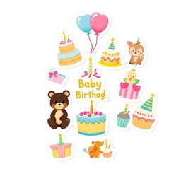 A collection of 15 individual stickers designed for a baby's birthday theme, each featuring bright and cheerful designs