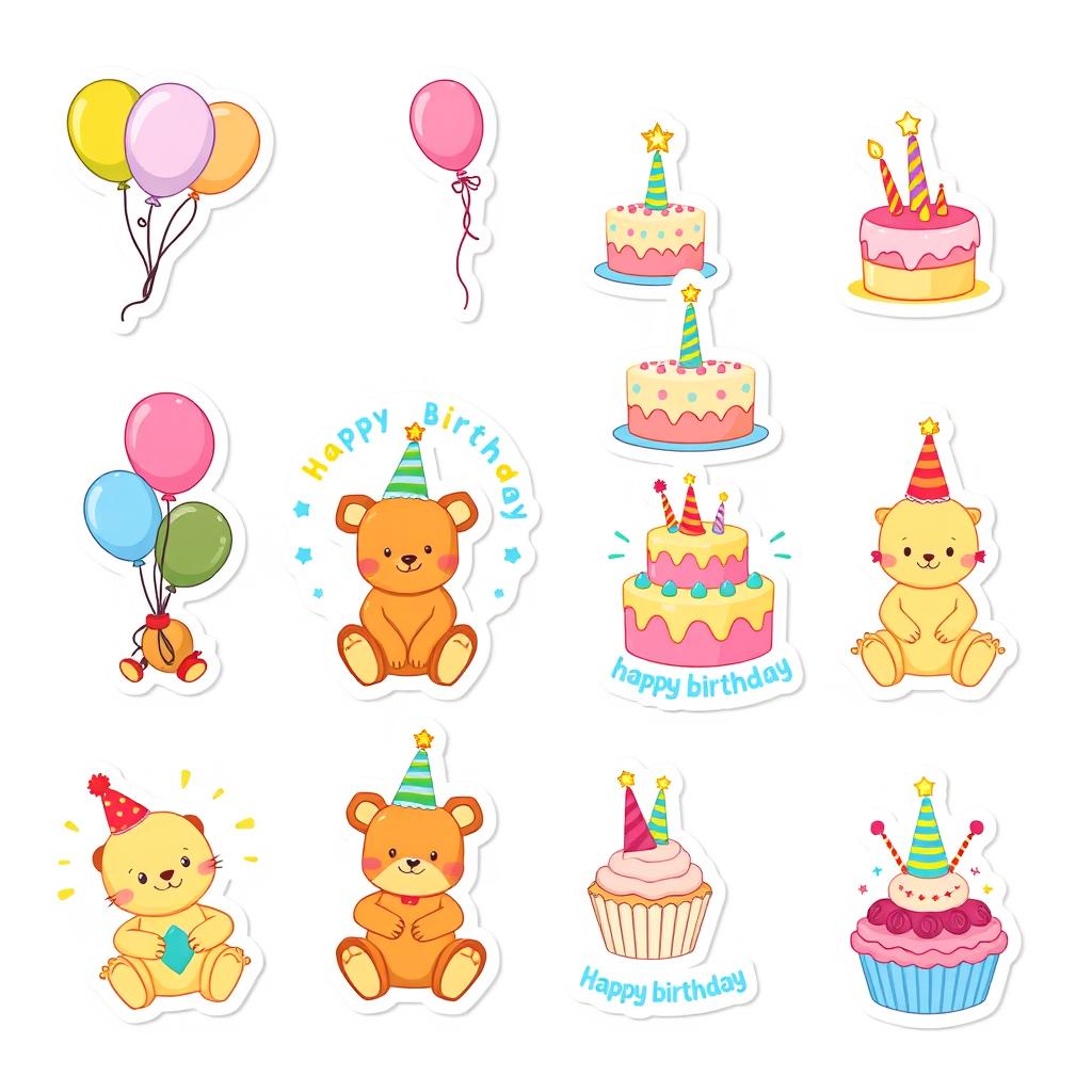 A collection of 15 individual stickers designed for a baby's birthday theme, each featuring bright and cheerful designs