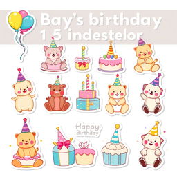 A collection of 15 individual stickers designed for a baby's birthday theme, each featuring bright and cheerful designs