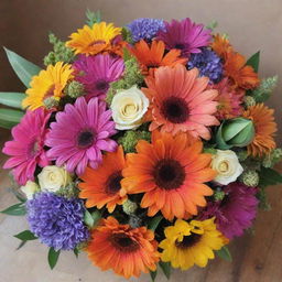 A stunning bouquet of fresh, multicolored flowers, brimming with vitality and contrasting textures, positioned elegantly.