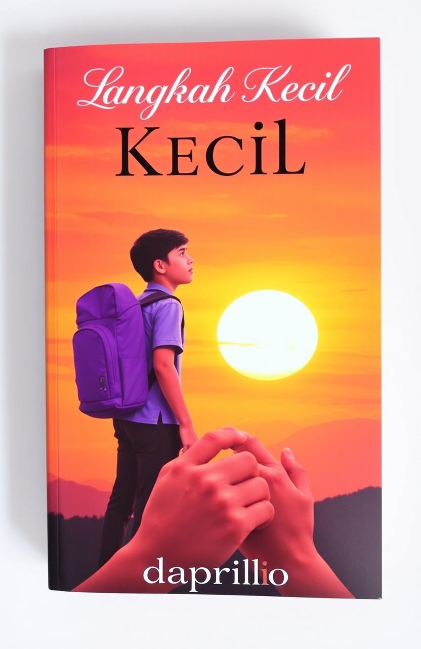 A book cover titled 'Langkah Kecil', featuring a determined teenager embarking on a journey towards their dreams