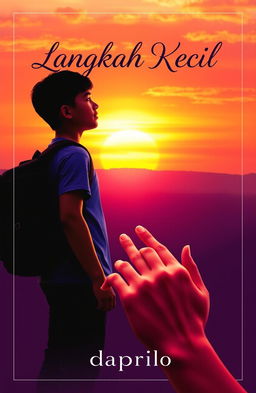 A book cover titled 'Langkah Kecil', featuring a determined teenager embarking on a journey towards their dreams