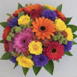 A stunning bouquet of fresh, multicolored flowers, brimming with vitality and contrasting textures, positioned elegantly.