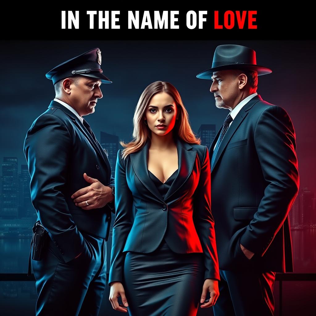 A dramatic face-off scene featuring a stern police officer and a confident Mafia Don, both standing on opposite sides of a powerful company CEO woman who is caught between them