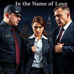 A dramatic face-off scene featuring a stern police officer and a confident Mafia Don, both standing on opposite sides of a powerful company CEO woman who is caught between them