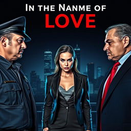 A dramatic face-off scene featuring a stern police officer and a confident Mafia Don, both standing on opposite sides of a powerful company CEO woman who is caught between them