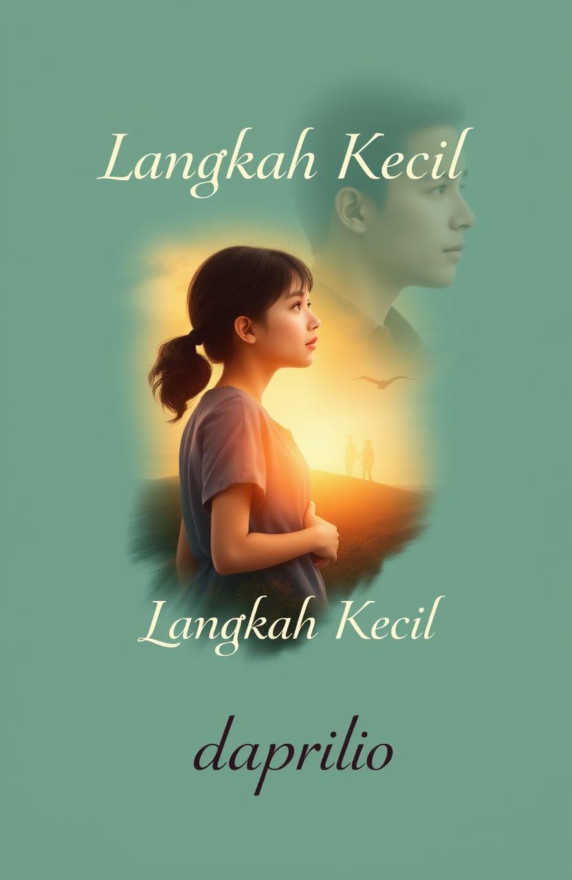 A captivating book cover design titled 'Langkah Kecil', illustrating the journey of a determined teenage girl pursuing her dreams intertwined with a touch of romance