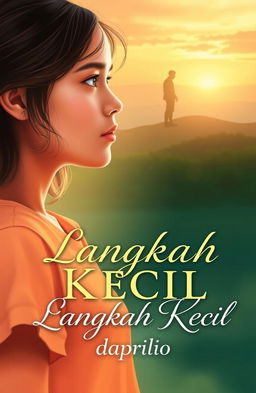 A captivating book cover design titled 'Langkah Kecil', illustrating the journey of a determined teenage girl pursuing her dreams intertwined with a touch of romance