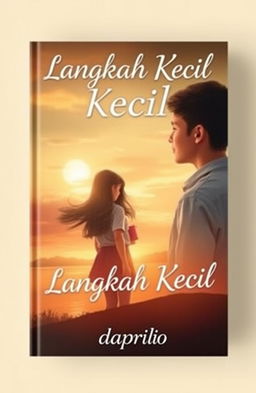 A captivating book cover design titled 'Langkah Kecil', illustrating the journey of a determined teenage girl pursuing her dreams intertwined with a touch of romance