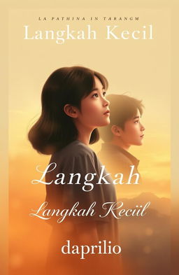 A captivating book cover design titled 'Langkah Kecil', illustrating the journey of a determined teenage girl pursuing her dreams intertwined with a touch of romance