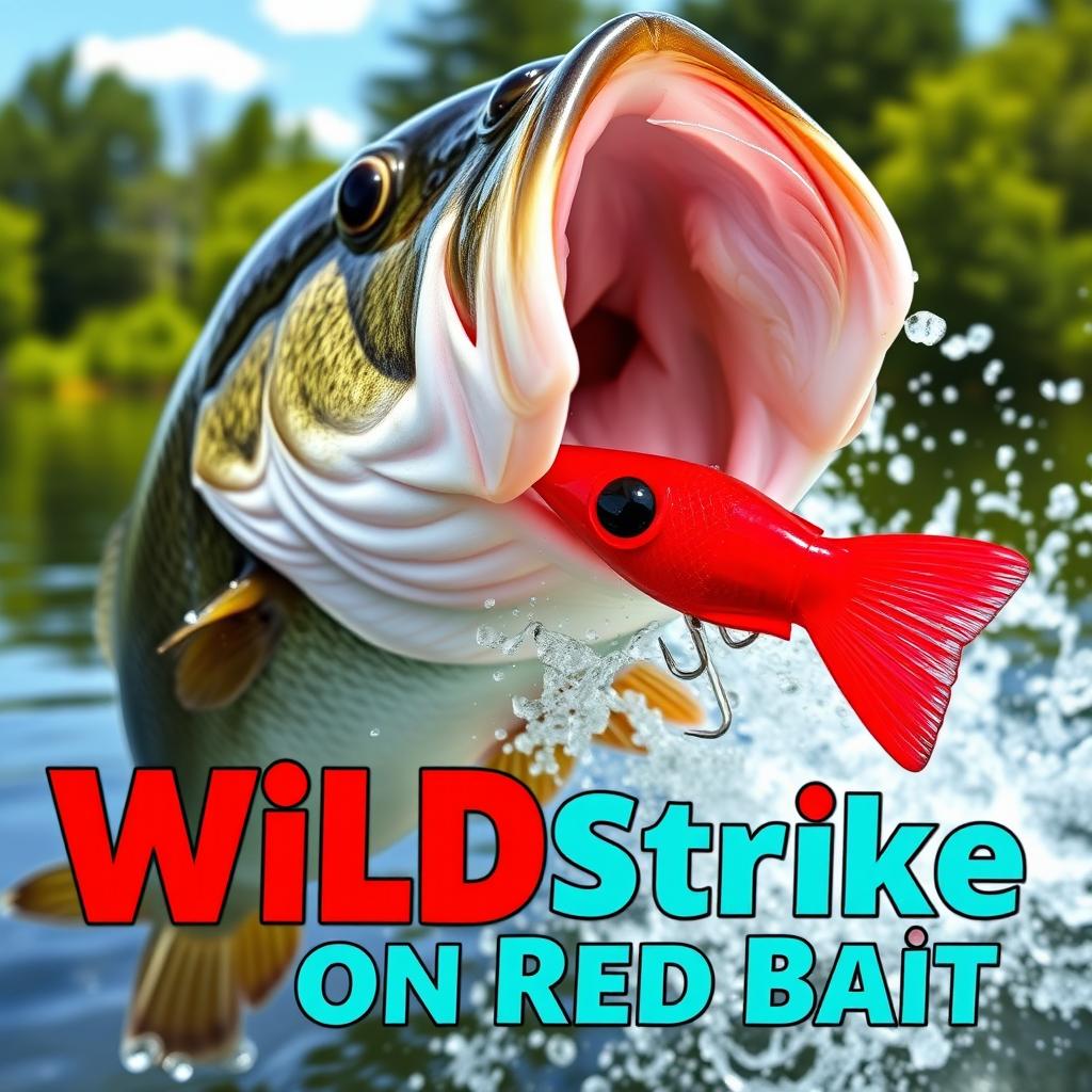 A dynamic close-up of a large bass fish aggressively attacking a striking red artificial fish lure, water splashing energetically around it, illustrating the thrilling moment of the strike