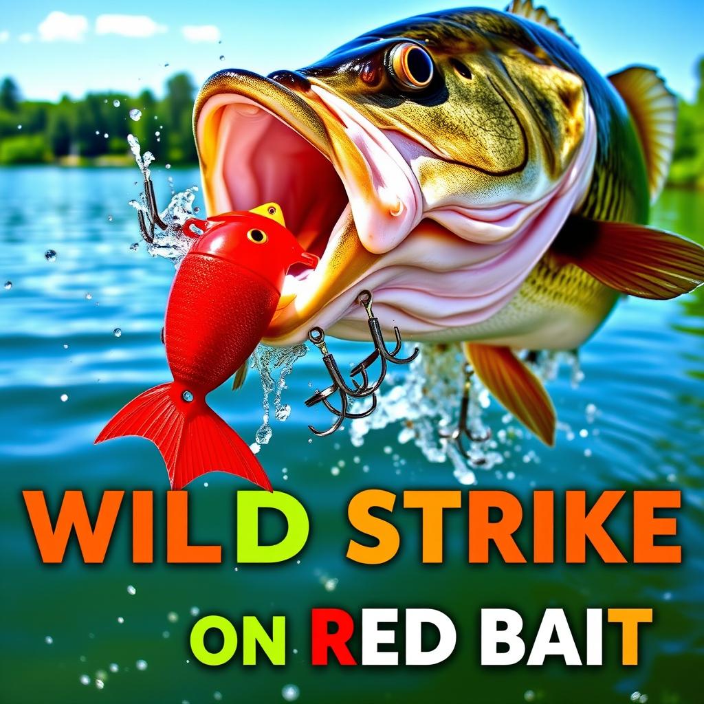 A dynamic close-up of a large bass fish aggressively attacking a striking red artificial fish lure, water splashing energetically around it, illustrating the thrilling moment of the strike