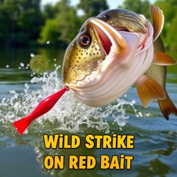 A dynamic close-up of a large bass fish aggressively attacking a striking red artificial fish lure, water splashing energetically around it, illustrating the thrilling moment of the strike