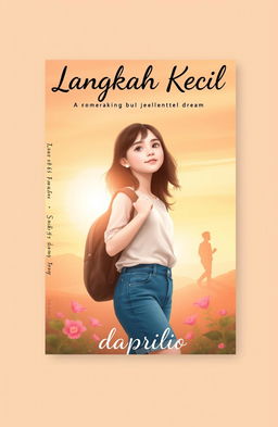 A book cover design themed "Langkah Kecil" (Small Steps) featuring the journey of a young teenage girl, depicted as a determined and optimistic character chasing her dreams