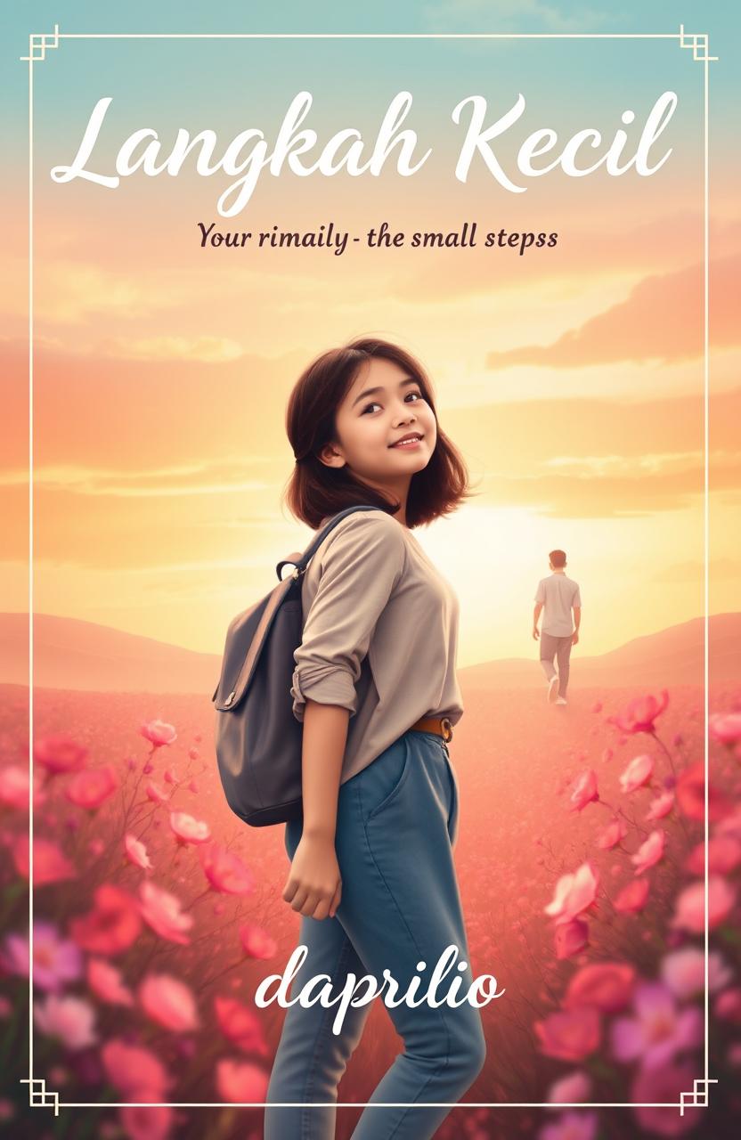 A book cover design themed "Langkah Kecil" (Small Steps) featuring the journey of a young teenage girl, depicted as a determined and optimistic character chasing her dreams