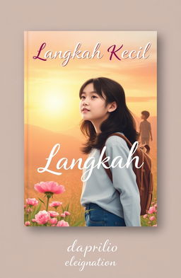 A book cover design themed "Langkah Kecil" (Small Steps) featuring the journey of a young teenage girl, depicted as a determined and optimistic character chasing her dreams