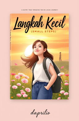 A book cover design themed "Langkah Kecil" (Small Steps) featuring the journey of a young teenage girl, depicted as a determined and optimistic character chasing her dreams