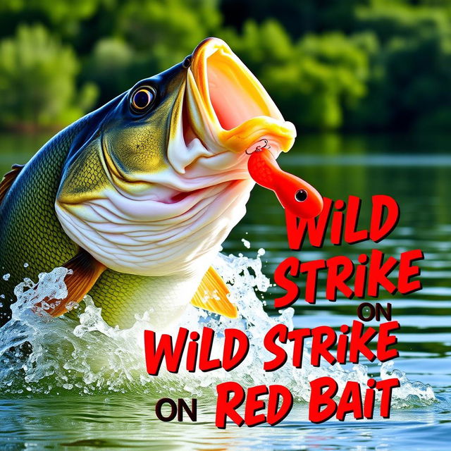 A thrilling close-up of a large bass fish lunging aggressively at a vibrant red artificial fish lure, with water splashing vividly around it to convey action and excitement