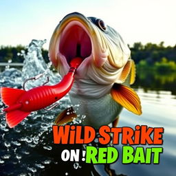 A thrilling close-up of a large bass fish lunging aggressively at a vibrant red artificial fish lure, with water splashing vividly around it to convey action and excitement