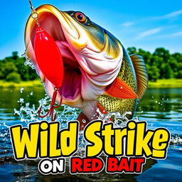 A thrilling close-up of a large bass fish lunging aggressively at a vibrant red artificial fish lure, with water splashing vividly around it to convey action and excitement