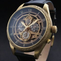 A Teslapunk style wristwatch showcasing the innovation and grandeur of the time of Nikola Tesla. Envision a watch with a glowing, coil-shaped hour hand, intricate lightning arcs as minute indicators, all beautifully encased in an ornate brass frame.