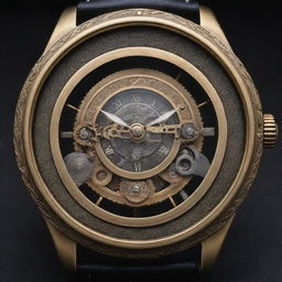 A Teslapunk style wristwatch showcasing the innovation and grandeur of the time of Nikola Tesla. Envision a watch with a glowing, coil-shaped hour hand, intricate lightning arcs as minute indicators, all beautifully encased in an ornate brass frame.