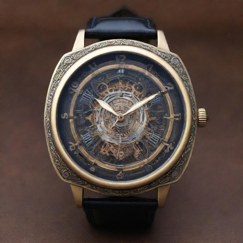 A Teslapunk style wristwatch showcasing the innovation and grandeur of the time of Nikola Tesla. Envision a watch with a glowing, coil-shaped hour hand, intricate lightning arcs as minute indicators, all beautifully encased in an ornate brass frame.