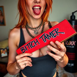 A close-up shot focusing on a sexy female redhead, showcasing her torso in a tank top adorned with punk chains