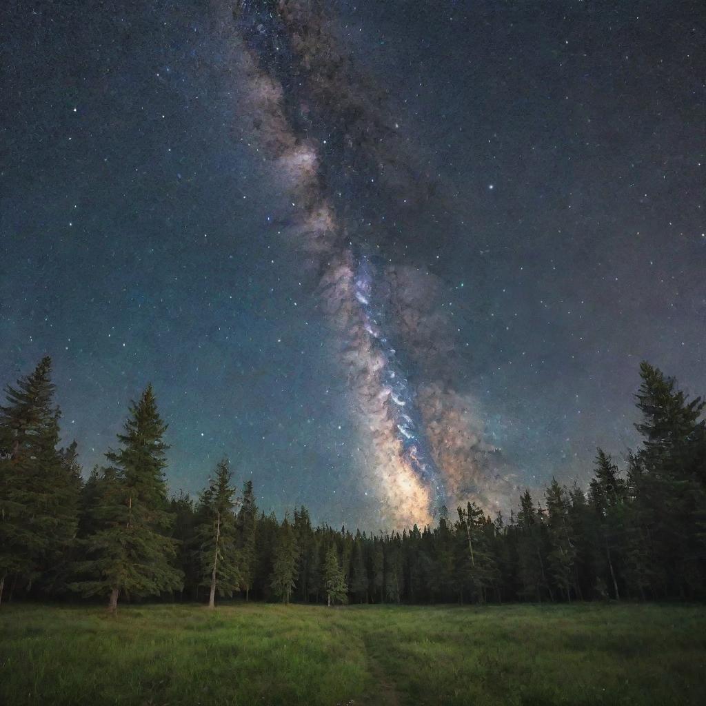 Create an unforgettable image of a serene forest under a starlit night sky with the Milky Way acting as a stunning backdrop.