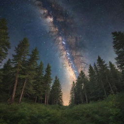 Create an unforgettable image of a serene forest under a starlit night sky with the Milky Way acting as a stunning backdrop.