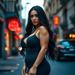 A professional, high-definition photograph of a woman with long black hair, featuring a curvy figure and freckles on her body