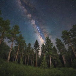 Create an unforgettable image of a serene forest under a starlit night sky with the Milky Way acting as a stunning backdrop.