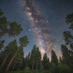 Create an unforgettable image of a serene forest under a starlit night sky with the Milky Way acting as a stunning backdrop.